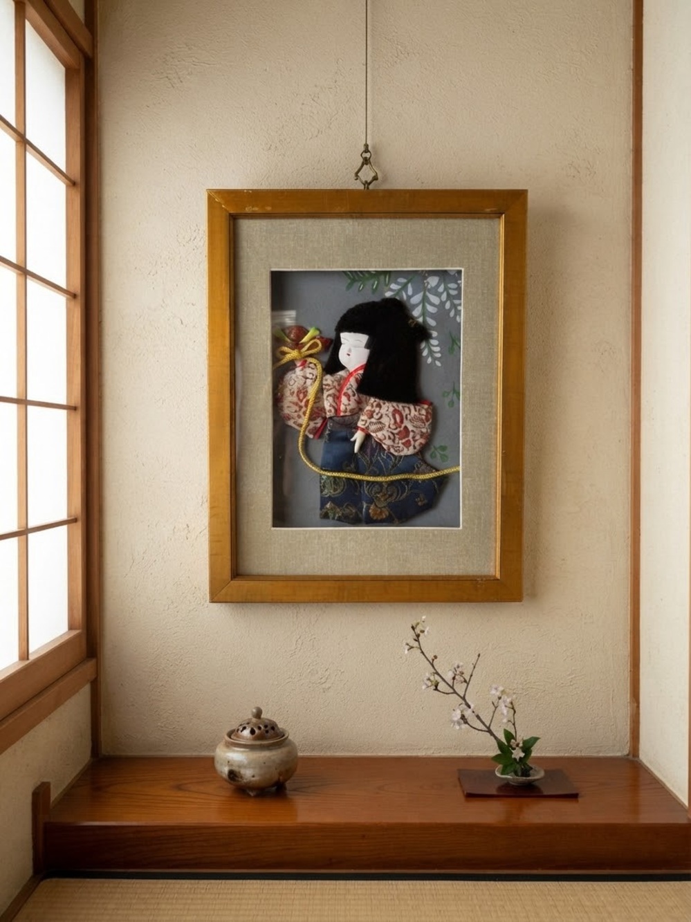 Framed Japanese Kimono Doll Shadow Box – Gold Frame, Multicolor Kimono